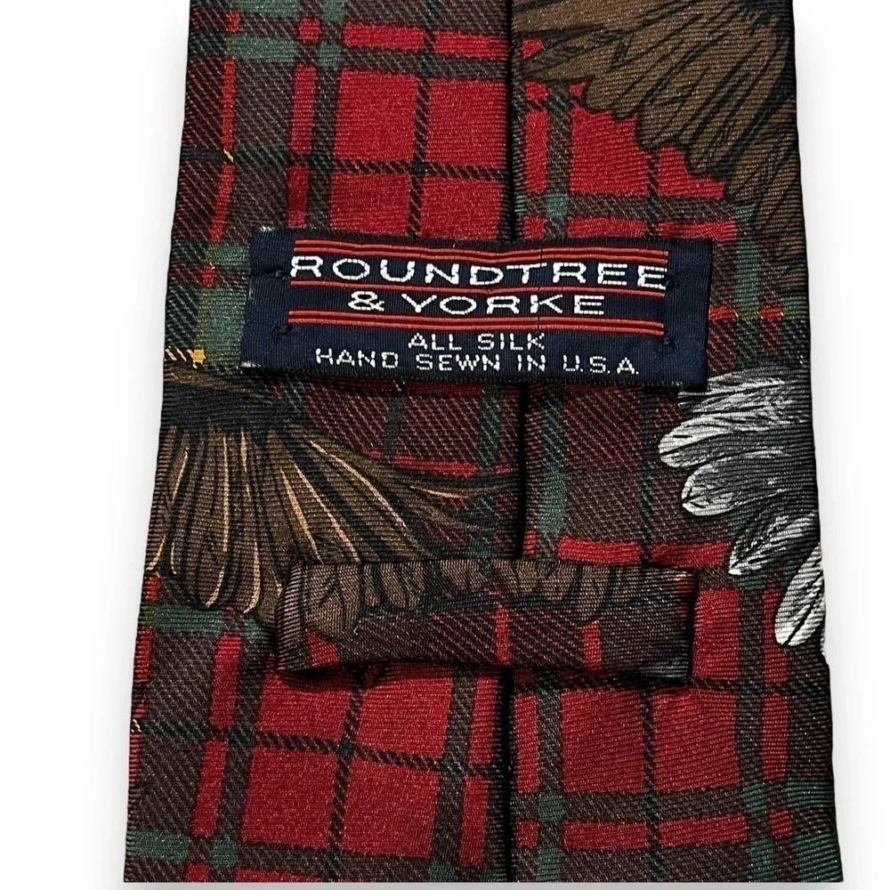 VTG Silk Tie Bald Eagle Novelty Print Red Green Plaid Background USA Patriotic